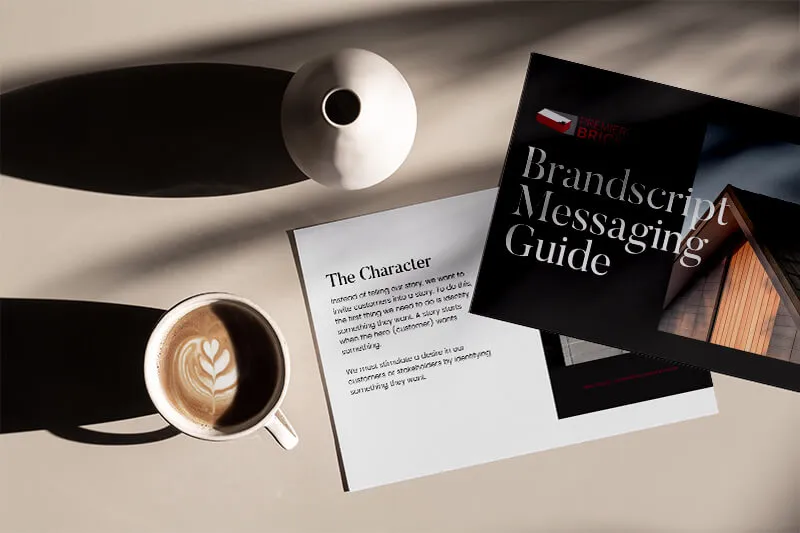 A flat lay photo of a Brandscript Messaging Guide, with a cup of coffee and a vase on a beige surface.